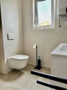 a bathroom with a toilet and a sink and a window at Sea view Mandre in Mandre