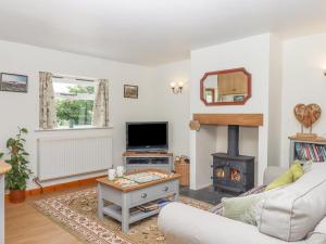 a living room with a couch and a fireplace at Dove Cottage in South Molton