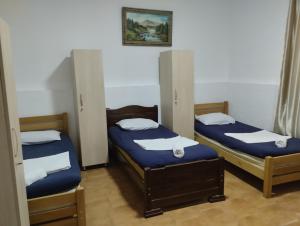 two beds in a room with blue sheets at Ortachala Summer House in Tbilisi City