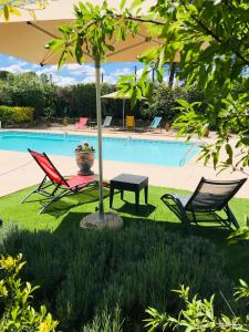 two chairs and an umbrella next to a pool at Le Patio Fleuri in Lorgues