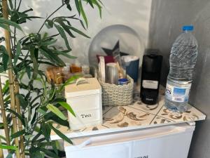 a table with a bottle of water and a plant at Casa Salud in Piera