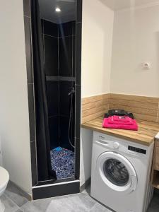 y baño con ducha y lavadora. en Cavalière studio 2 pers terrasse, en Le Lavandou