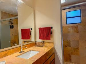 a bathroom with a sink and a mirror at Cabaña Ohana in Mesa de las Tablas +3 photos