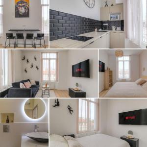 un collage de fotos de una sala de estar y una cocina en Selva, appartement cozy, Lyon 8ème, en Lyon