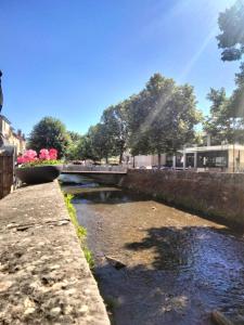 un fiume con un ponte e alcuni fiori rosa di Maison Prestige Le Donjon des Plaisirs Jacuzzi a Montluel Altre 17 foto