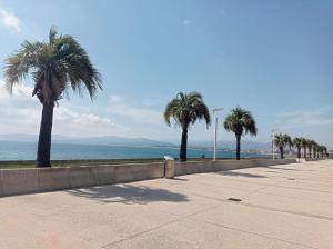 a row of palm trees on a sidewalk next to the ocean at Appartement cosy à Saint-Raphaël - 65 m² - Jardin privé in Saint-Raphaël
