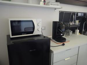 a microwave sitting on top of a refrigerator in a kitchen at Verde Mare Isola in Carrozziere