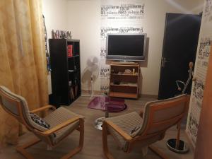a living room with two chairs and a television at Chambre de l'Orée du Bois in Audeux