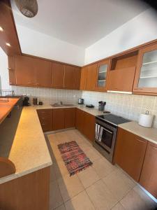 a kitchen with wooden cabinets and a stove at Sofianna's oasis in Kalloni Tinou