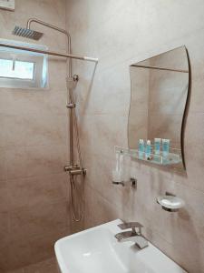 un bagno con lavandino e doccia con specchio di Panorama RABATI a Akhaltsikhe Altre 37 foto