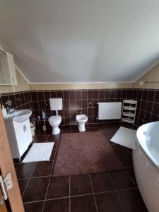 a bathroom with two toilets and a sink and a tub at Pensiunea Azurul in Sovata +35 photos