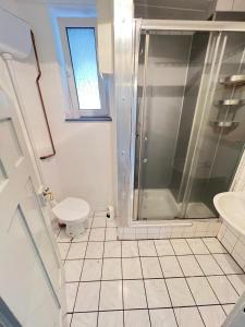 a bathroom with a shower and a toilet and a sink at Promotion Prices Monteurwohnung nahe Pforzheim und Karlsruhe in Birkenfeld