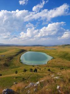 an aerial view of a lake in a field at Apartman Plužine in Plužine