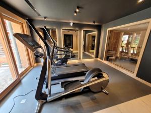 a gym with two treadmills in a room with windows at Appartement de Luxe Neuf avec Terrasse au Cœur des Gets, Proche des Pistes et Commerces - FR-1-598-153 in Les Gets
