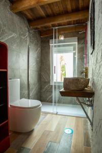 a bathroom with a shower and a toilet and a sink at Villa Tailan con piscina y jacuzzi privado in Chiclana de la Frontera