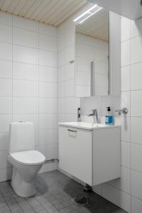 a bathroom with a toilet and a sink and a mirror at Upea yksiö joen läheisyydessä in Turku