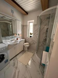 a bathroom with a sink toilet and a shower at Mały cichy zakątek in Ciechocinek +10 photos