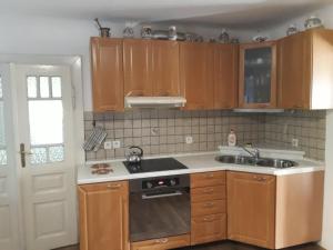 a kitchen with wooden cabinets and a sink at Chalupa Sehradický mlýn in Sehradice