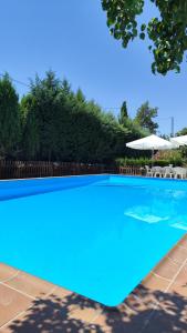 a large blue swimming pool with an umbrella at Villa Rosario in La Iruela
