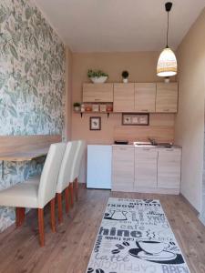 a kitchen with a table and chairs and a kitchen with a counter at Apartman ClaRa in Štúrovo +20 photos
