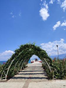 an arch over a walkway with flowers on it at The village house in Pogradec