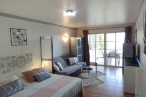a living room with a bed and a couch at Le Colibri du Paradis in Sainte-Anne