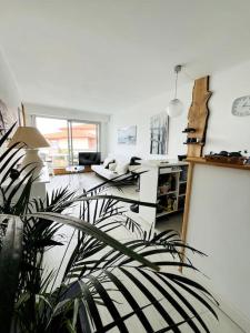 a living room with a plant in the middle of it at Charmant studio Horizon & Océan in Anglet