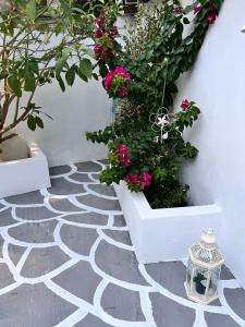 a patio with flowers and plants on the floor at Ευχάριστο εξοχικό σπίτι! in AgiaKampos