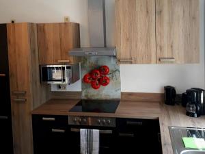 a kitchen with a counter with a microwave and some tomatoes at I "Old School" Comfortable holiday residence in Reinhardtsdorf