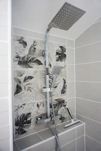 una ducha en un baño con cortina de ducha en Maison 2 chambres avec terrasse, en La Roche-sur-Yon