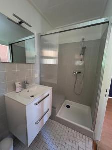 a bathroom with a shower and a sink and a tub at Altes Seeblickjuwel in Eutin +10 photos