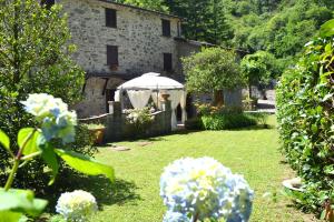 a house with an umbrella in a garden at Casa Vacanze IL BOSCACCIO "Casa Massimo" in Fornovolasco