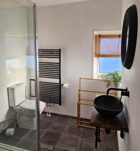 ein Badezimmer mit Toilette und Glasdusche in der Unterkunft Have a nice stay! - Strand Vakantiehuis Noordwijk in Noordwijk aan Zee