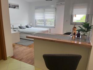 a kitchen and living room with a bed in the background at Studio apartman - Sweet&Little in Vrbovec