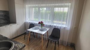 eine Küche mit Tisch und Stühlen und einem Fenster in der Unterkunft Apartamentai AGNIJA in Kretinga