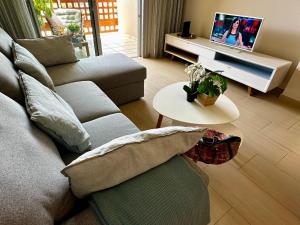 Una sala de estar con un sofá y un televisor. en Flat in La Tejita, Médano, en Granadilla de Abona
