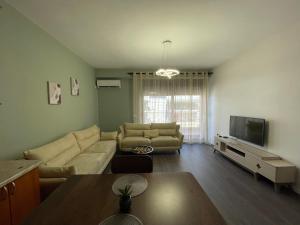 a living room with a couch and a tv at JO-AL, Delijorgji in Tirana
