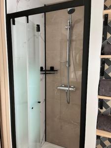 a shower with a glass door in a bathroom at Maison centre ville Ardres in Ardres