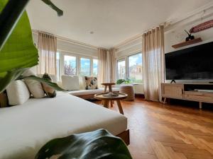 Un dormitorio con una cama, un sofá y un televisor. en Escuela de Surf WAVES SOUND - Alojamiento Compartido, en Santoña