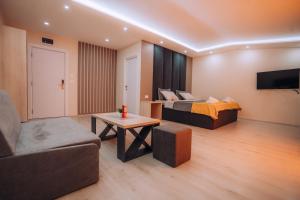 a hotel room with a bed and a couch at Tim Apartmani in Ohrid
