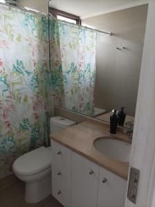 a bathroom with a toilet and a sink and a shower curtain at Departamento JARDIN DEL MAR, 2 Dormitorios in Coquimbo +20 photos