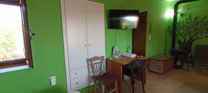 a room with green walls and a table and chairs at Politimis house in Makrinára