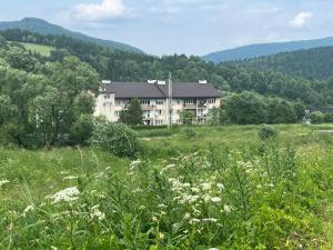 a large building in the middle of a field at Apartament pod Honem in Cisna