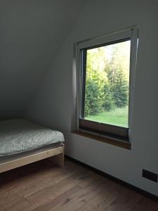 a bedroom with a window and a bed in a room at Dom w lesie in Przytuły