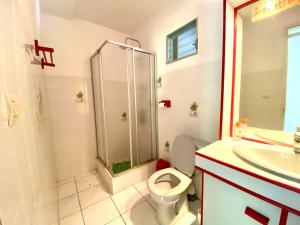 Un baño con ducha, inodoro y lavabo. en Résidence Les Ziottines, en Deshaies 10 fotos más