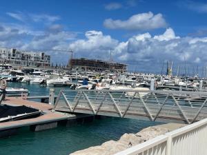 un port de plaisance avec beaucoup de bateaux dans l'eau dans l'établissement Apartamento, à Tanger