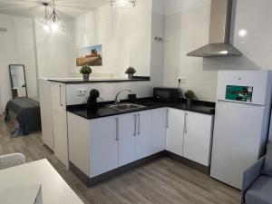 a kitchen with white cabinets and a sink and a refrigerator at Apartamentos ESPIGAS PUERTO in Valencia