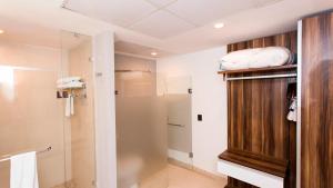 a bathroom with a shower and a glass door at Holiday Inn Express Puerto Vallarta, an IHG Hotel in Puerto Vallarta