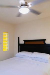a bedroom with a bed with a ceiling fan at GAIA Barbados! 2bedroom Home 5min walk to the beach in Bridgetown +17 photos