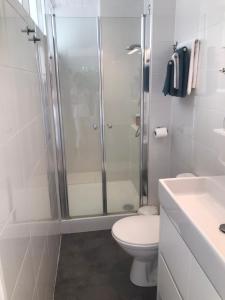 a bathroom with a shower and a toilet and a sink at La Gimoniere in La Barre-de-Monts